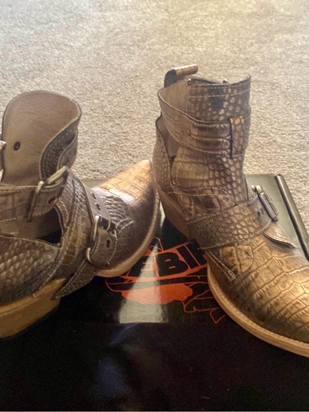 Women's Rare Freebird Mayday Metallic Gold and Brown Croc-Embossed Boots